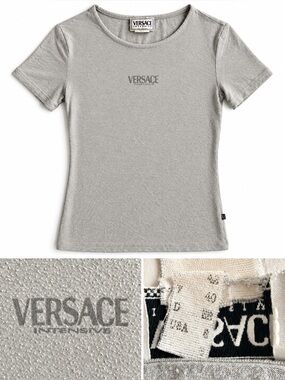 Vintage Versace Women’s Gray Logo Fitted Baby Tee Y2K